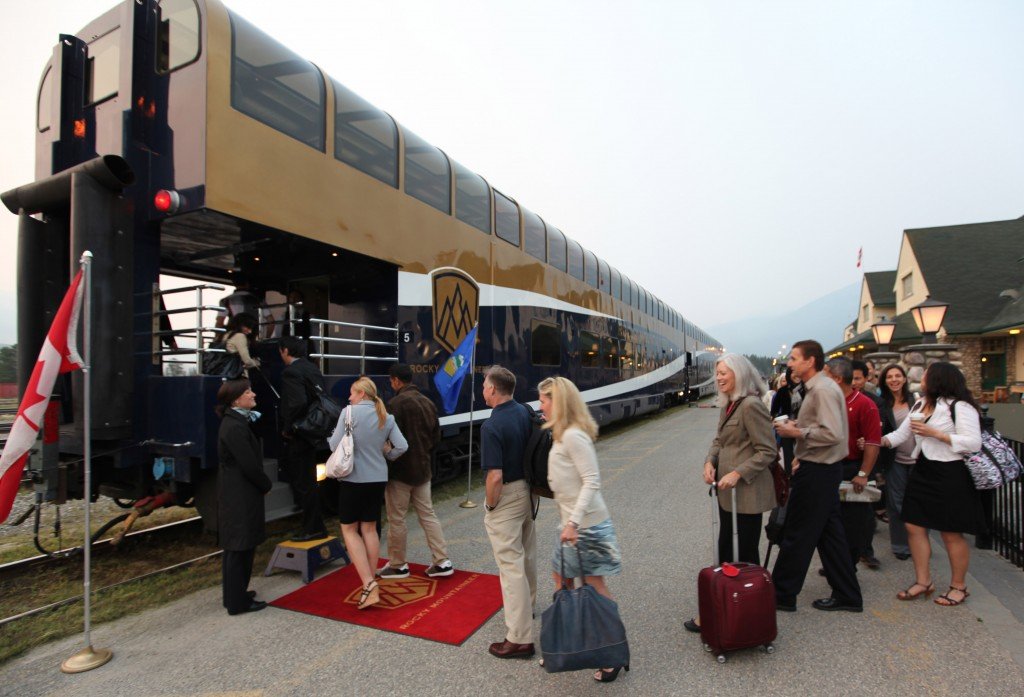 Red carpet boarding on the Rocky Mountaineer.