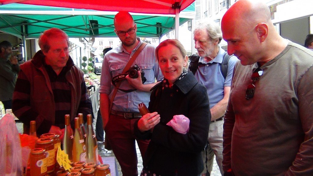 Ben with chef Katherine Frelon at Flavigny-sur-Ozerain at market ©Sherrie Wilkolaski