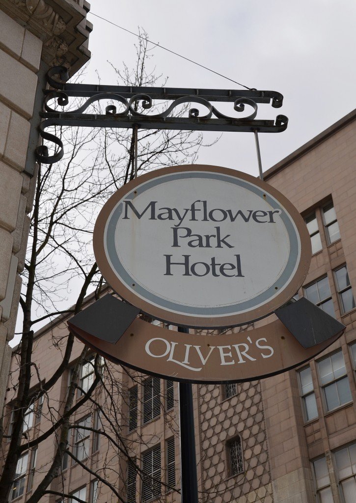 Sign for the Mayflower Park Hotel