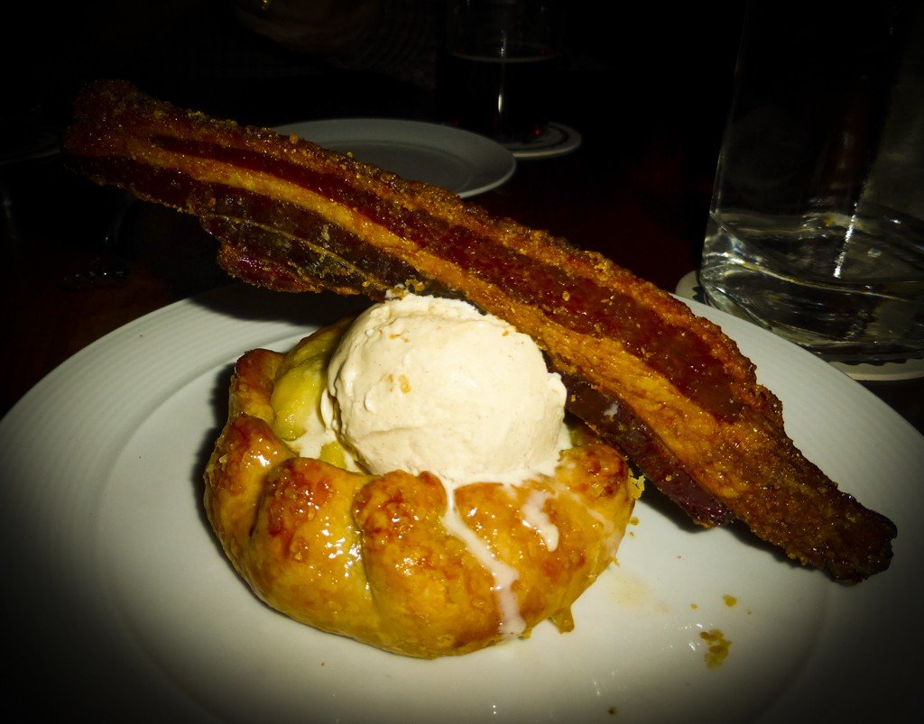 Open face apple pie, candied bacon & cinnamon ice cream (Photo by Sandra Chambers)