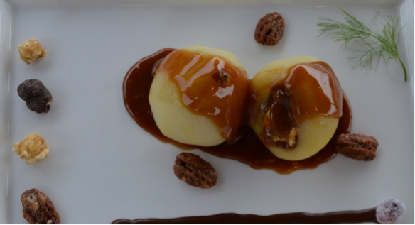 Harry and David Milk Chocolate Filled Royal Riviera “Poached” Pears with Caramel Sauce and Praline Pecans