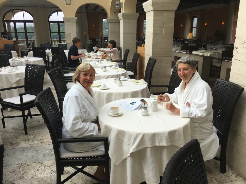 Relaxed breakfast in spa robes. 