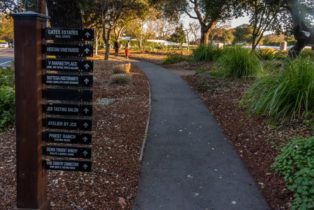 In the laid back epicurean center of the Napa Valley, sign posts guide visitors to navigate around town