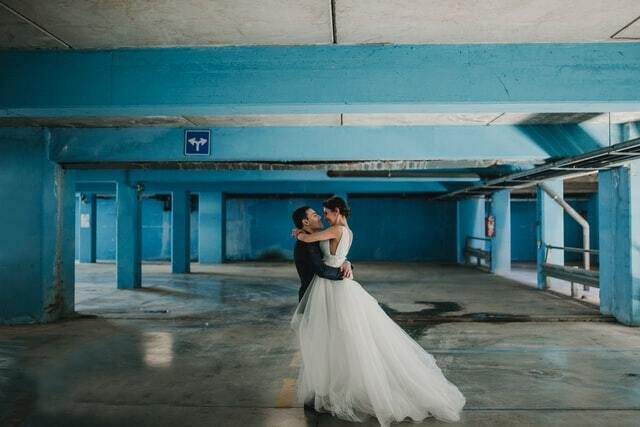 Bride and groom in a warehouse