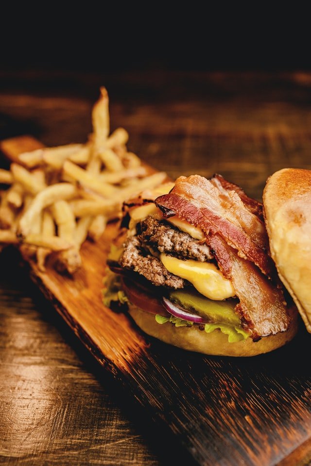 BBQ burger with bacon and fries