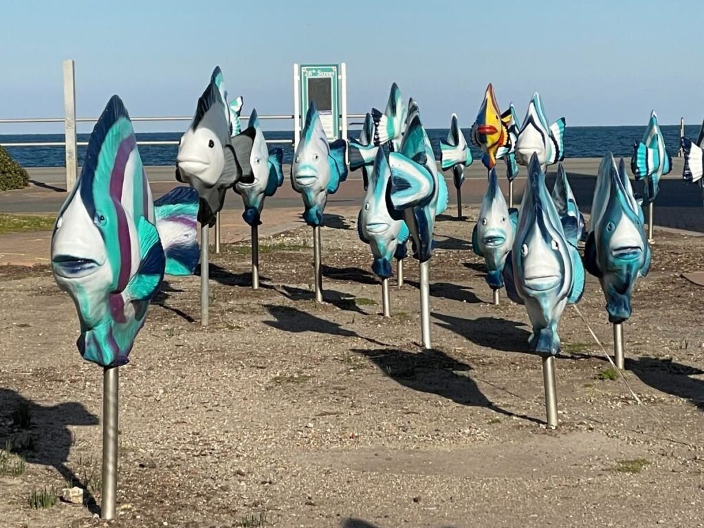 Nautical sculptures along the boardwalk
