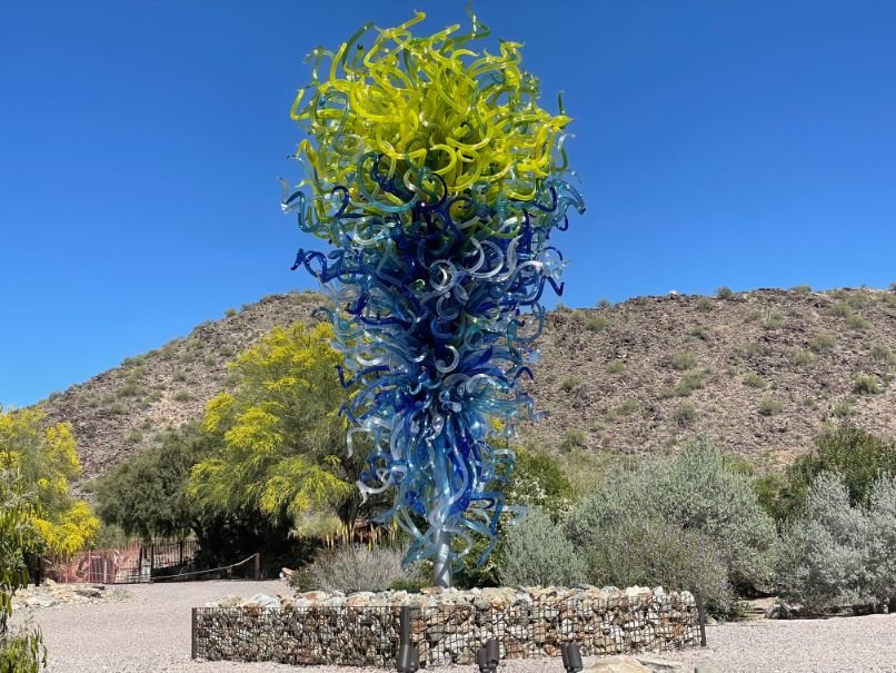 Chihuly's Marine Blue and Citron Tower at the Garden Squares