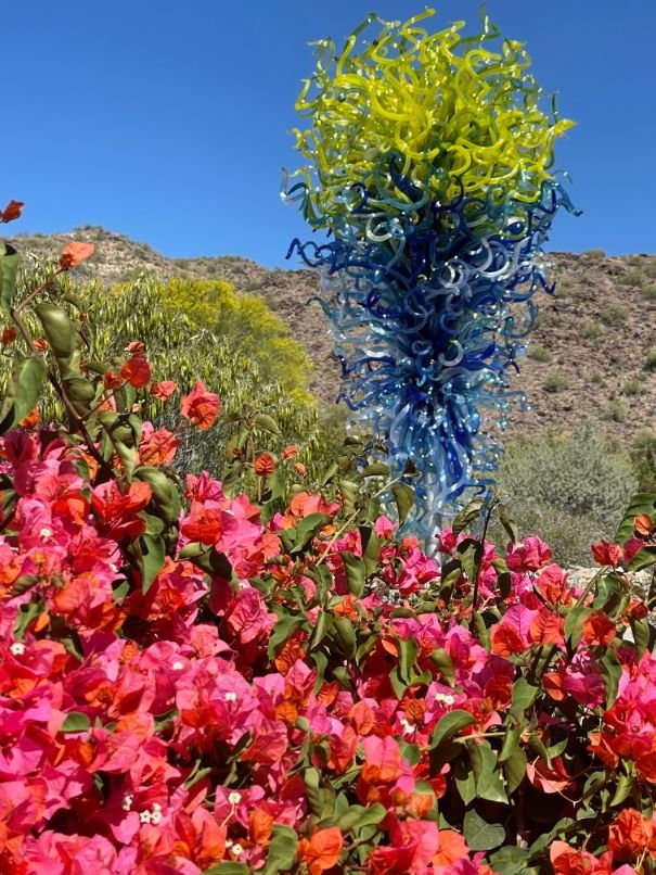 Chihuly's Marine Blue and Citron Tower at the Garden Squares