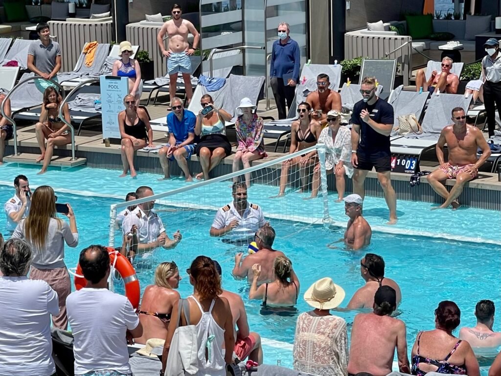 Beyond's main swimming pool is a busy place with lots of activities and a nearby bar and grill. In this photo, the crew took on guests in a volleyball match. Photo by Terri Colby
