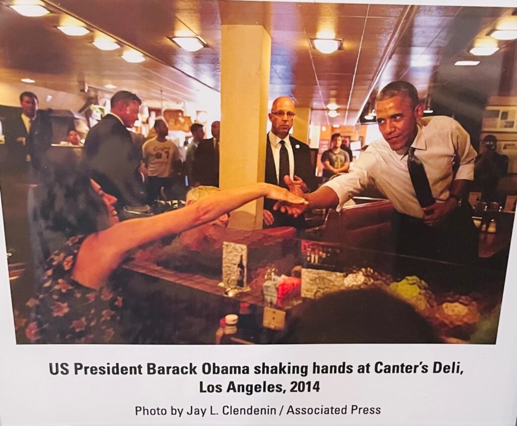 President Barack Obama shaking hands at Canter's Deli, LA 2014