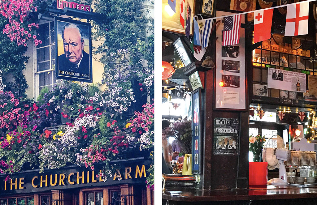 The Churchill Arms pub sign along with assorted memorabilia that adorns every nook and cranny of this pub. Photos by Jett Britnell