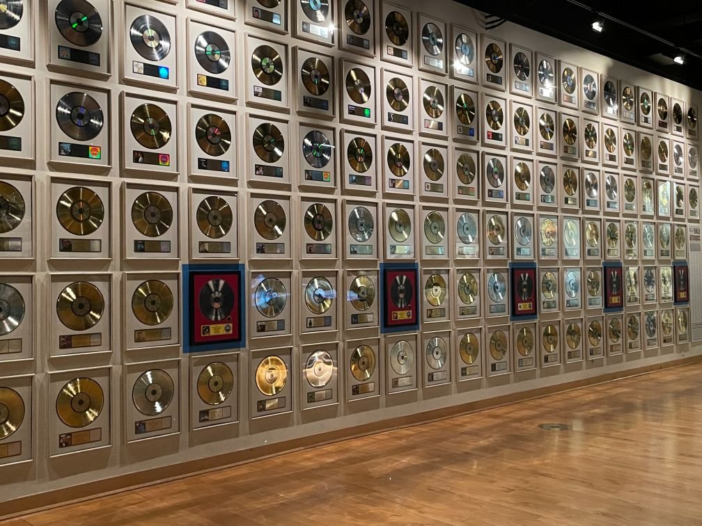 Wall of gold records inside Country Music Hall of Fame and Museum