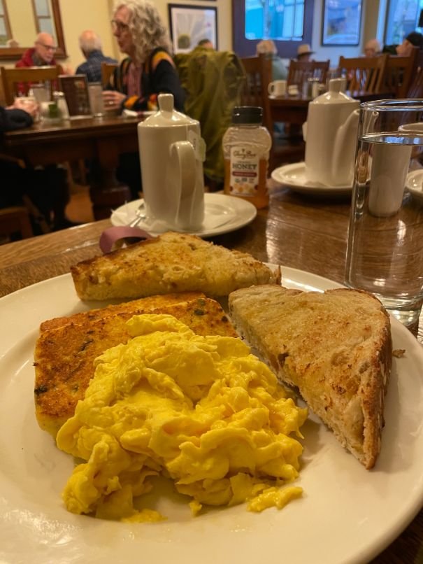 Fried cornmeal with eggs and toast at Crescent Cafe