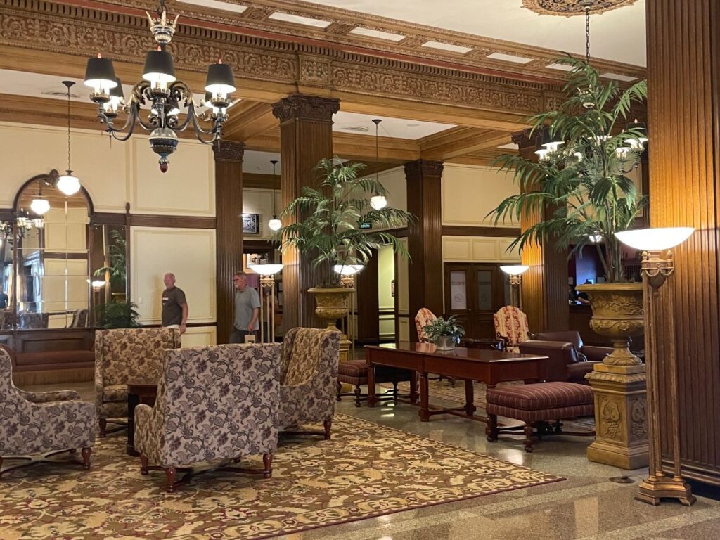 Stately lobby at the Marcus Whitman Hotel