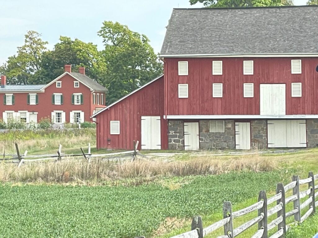 Homes and barns amid the bucolic landscape