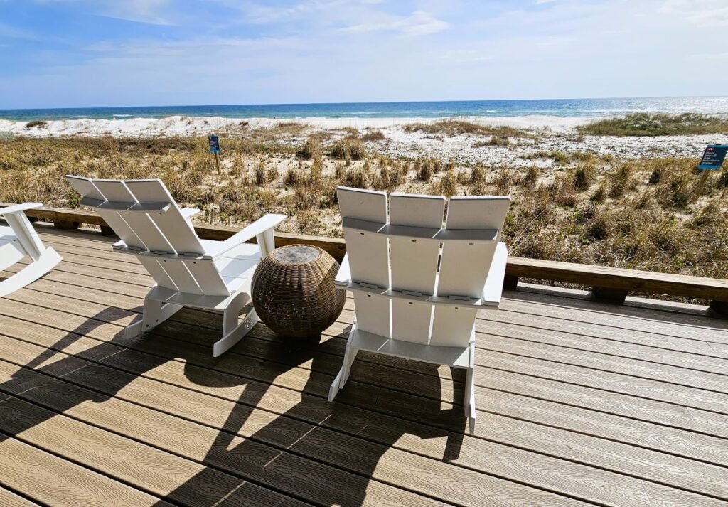 Chairs overlooking the beach and Gulf of Mexico at The Lodge, Copyright © Jessica James 2024