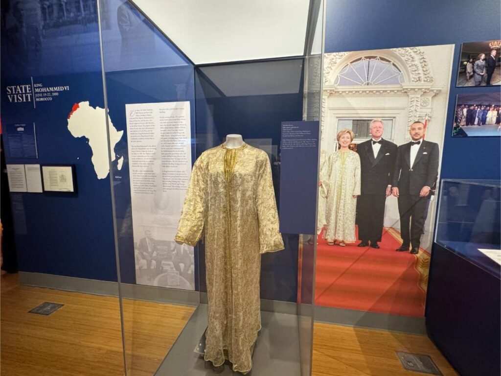 Gown worn by Hillary Clinton at a state dinner, photo by Debbie Stone