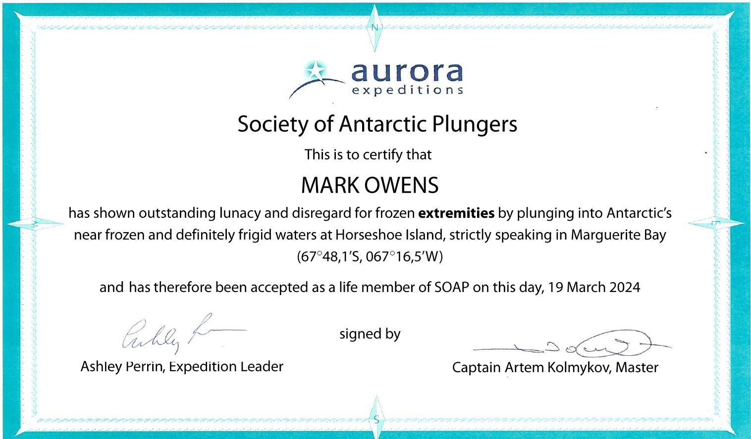 Our new friend, Mark Owens, now has an Aurora Expeditions Antarctic Plunger certificate to forever remind him, "What was I thinking?"