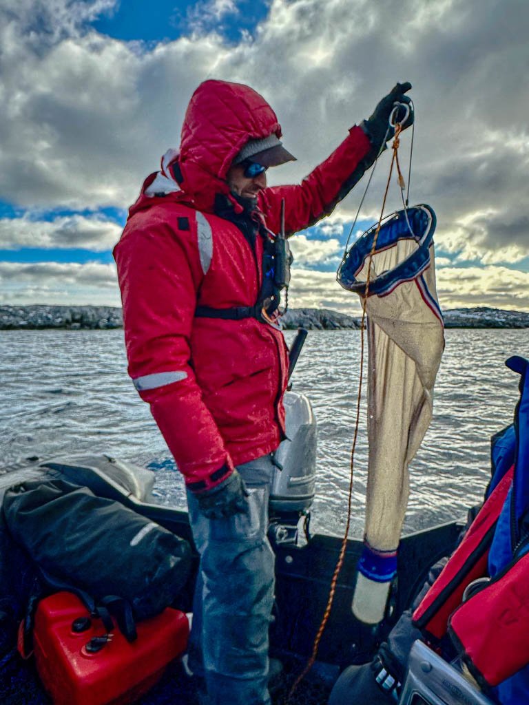 Marcos Goldin deploys a specialized net to strain the seawater to collect a concentrated sample of phytoplankton. Photo by Kathryn Britnell