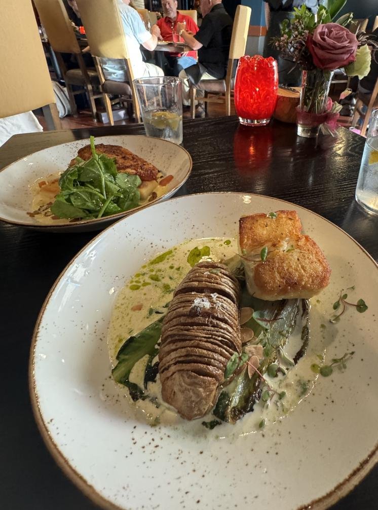 Pan seared halibut and hasselback potato. Photo by Debbie Stone