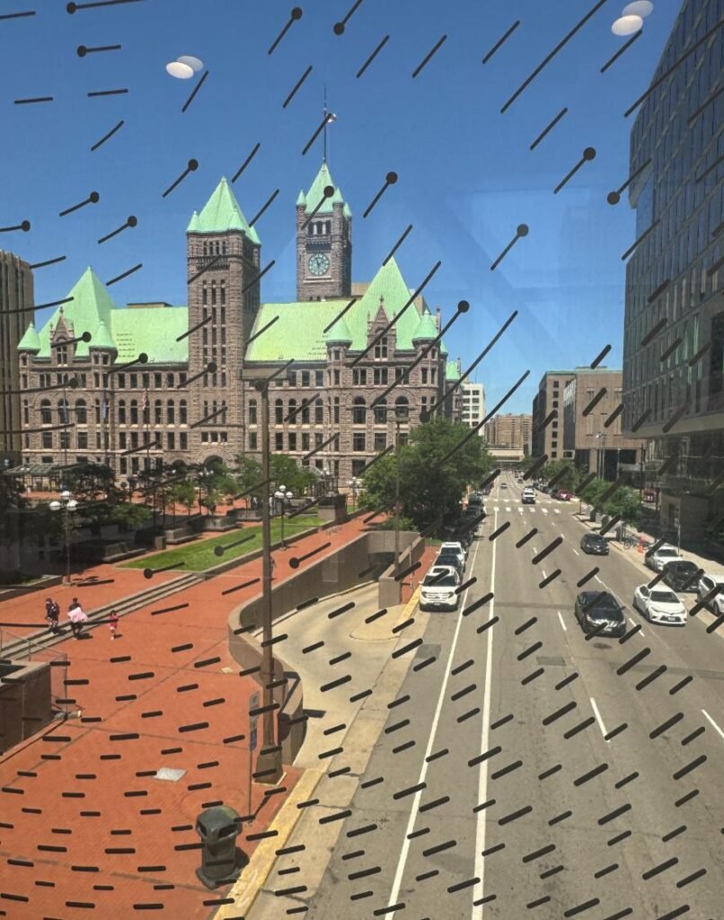 City Hall and Courthouse as viewed through skyway artwork. Photo by Debbie Stone