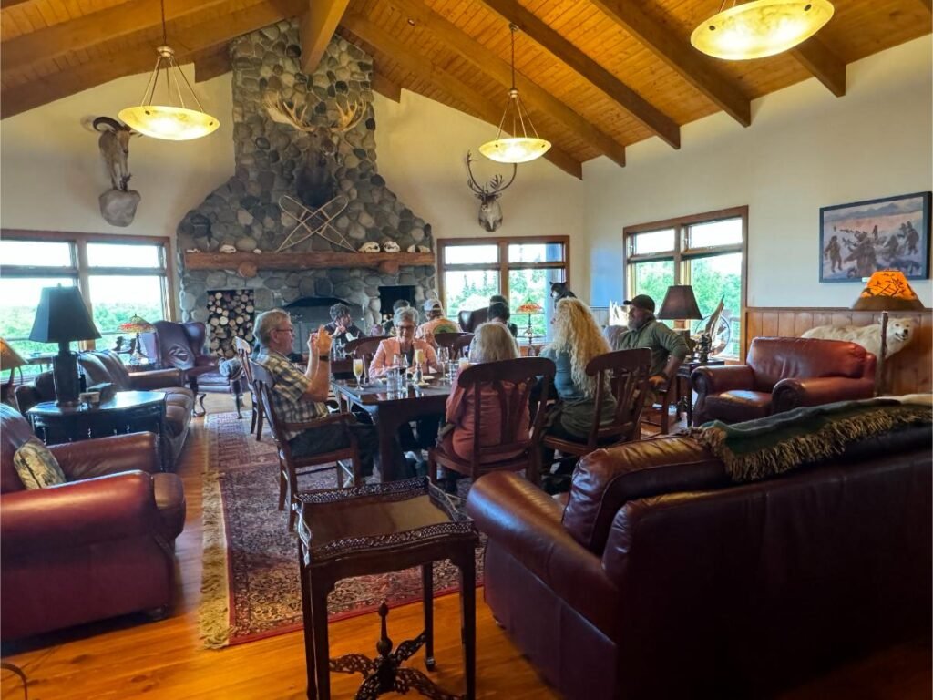 Dining in the Great Room at Lake Clark Lodge. Photo by Debbie Stone