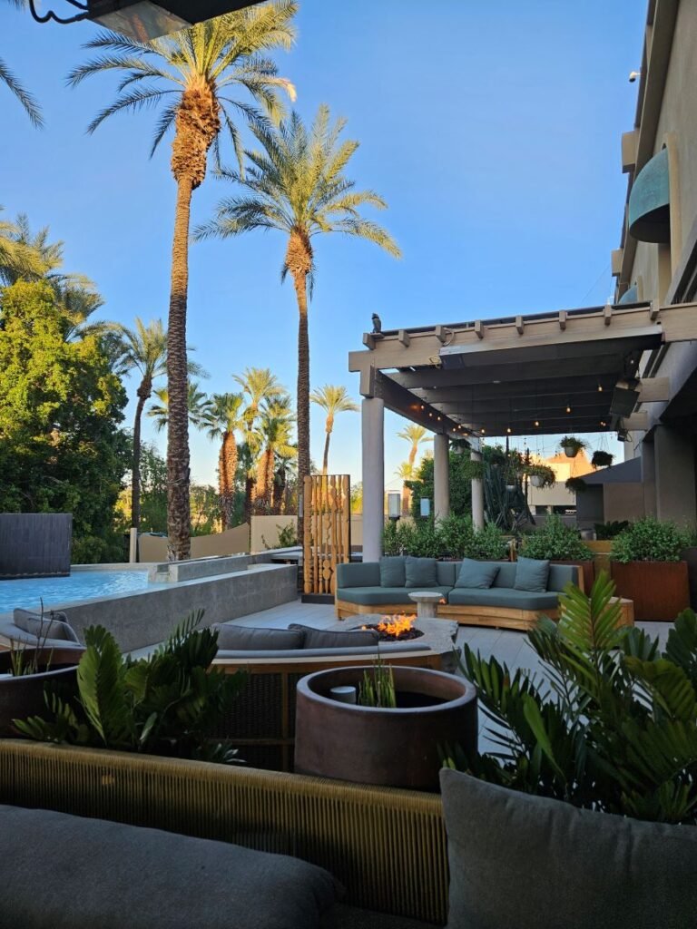 Patio view of the Hyatt Grand in Indian Wells with water feature on the left