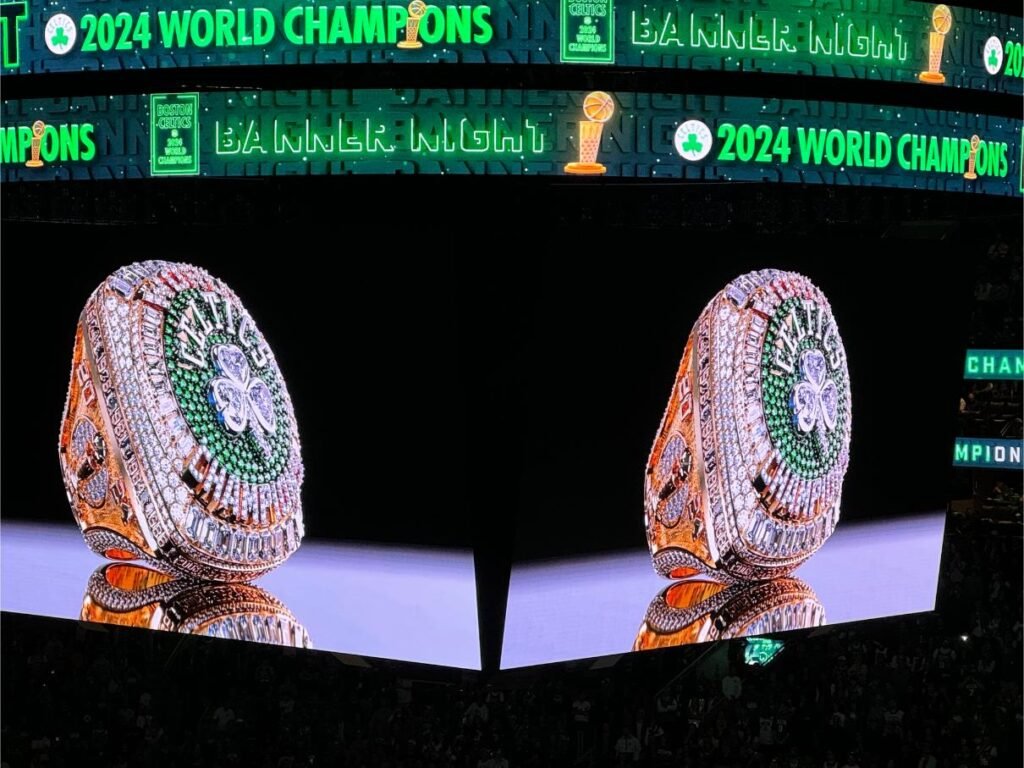 Championship rings given to the Boston Celtics at the first game of the season. Photo by Debbie Ston